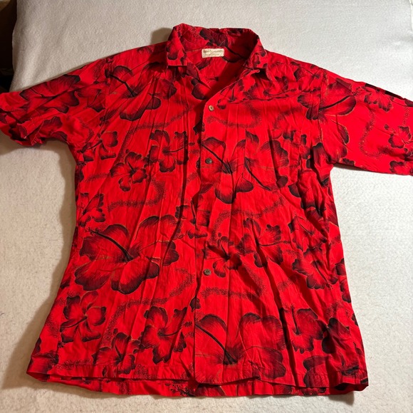 Vintage Aiko Originals Hawaiian Shirt Mens Red Floral Print Aloha Loop Collar M - Picture 1 of 7